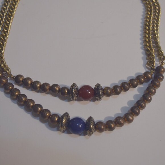 Unisex Necklace Double Chain Thick Mix Media Metal Golden Bronze Beads Red Blue - Picture 1 of 4